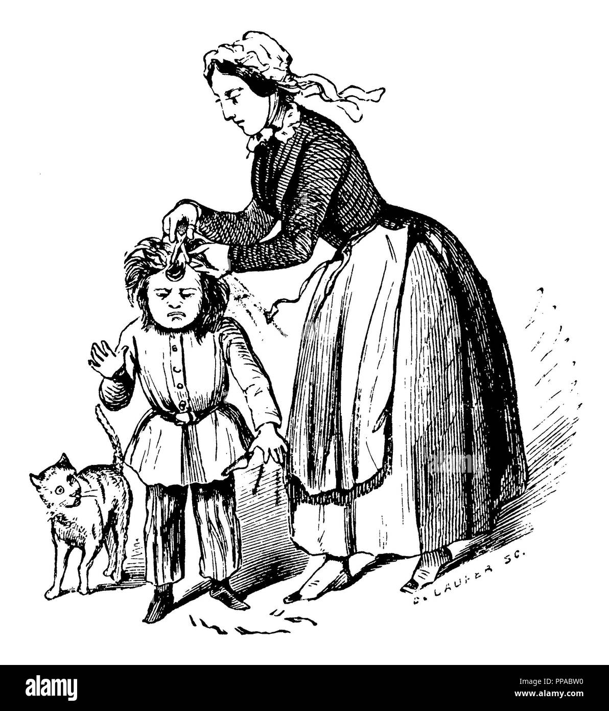 Woman cuts child's hair, D. Lauper sc.  1870 Stock Photo