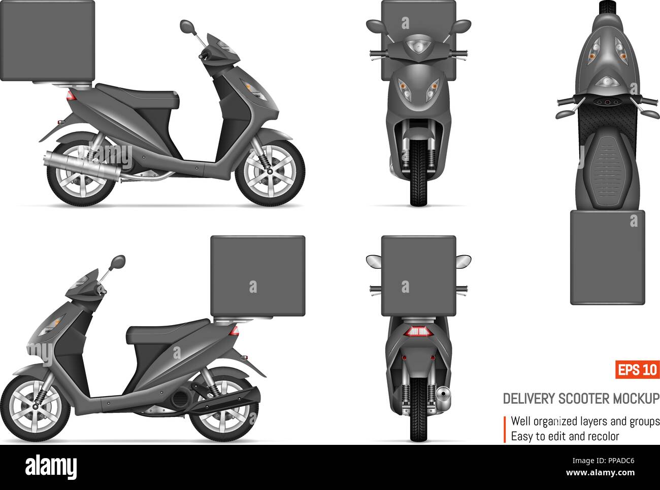 Delivery scooter vector mockup on white for vehicle branding, corporate identity. View from side