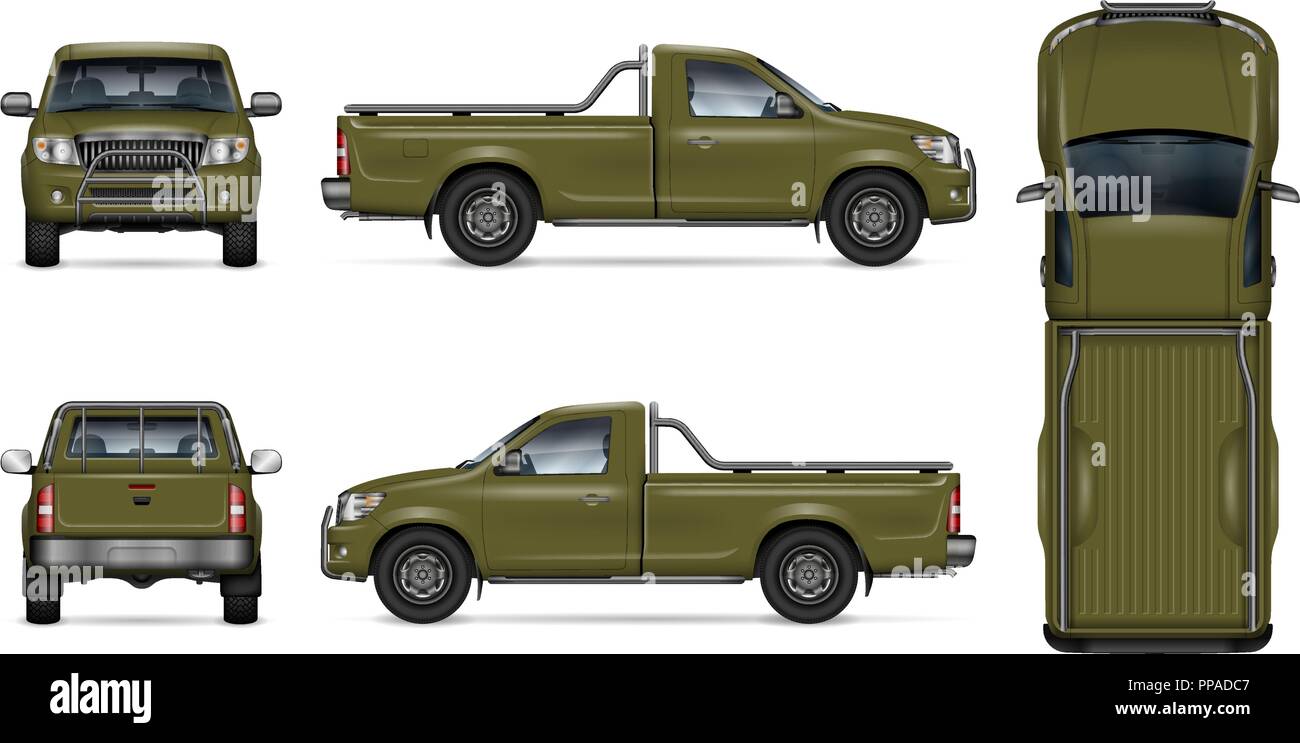 Green pickup truck vector mockup on white background. View from side ...