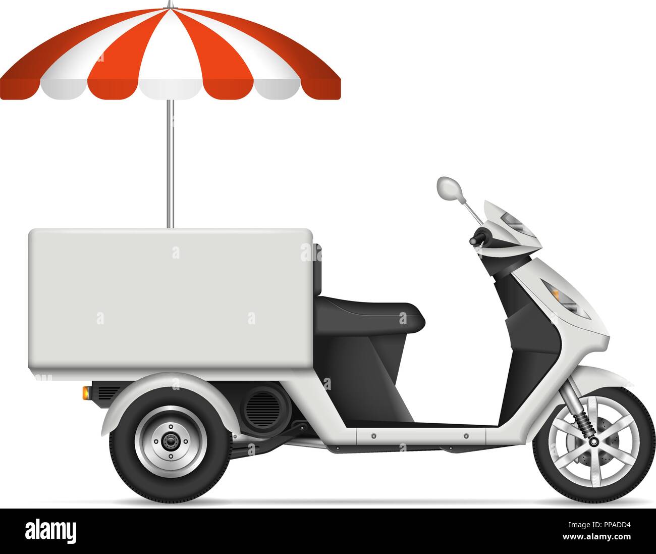 Food scooter profile view on white background for vehicle branding, corporate identity. All elements in the groups on separate layers for easy editing Stock Vector