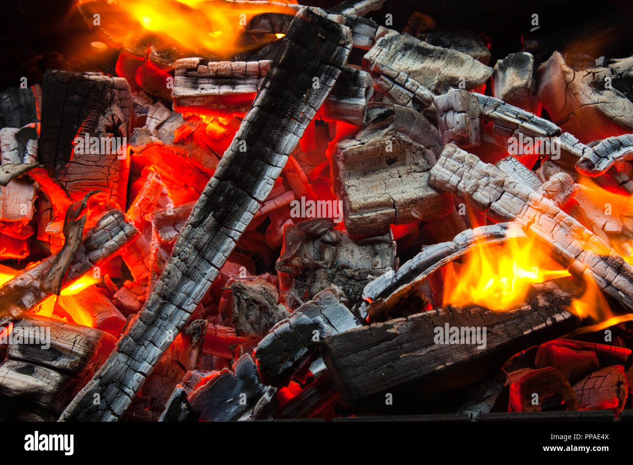 Flames in a fire pit with glowing embers Stock Photo Alamy