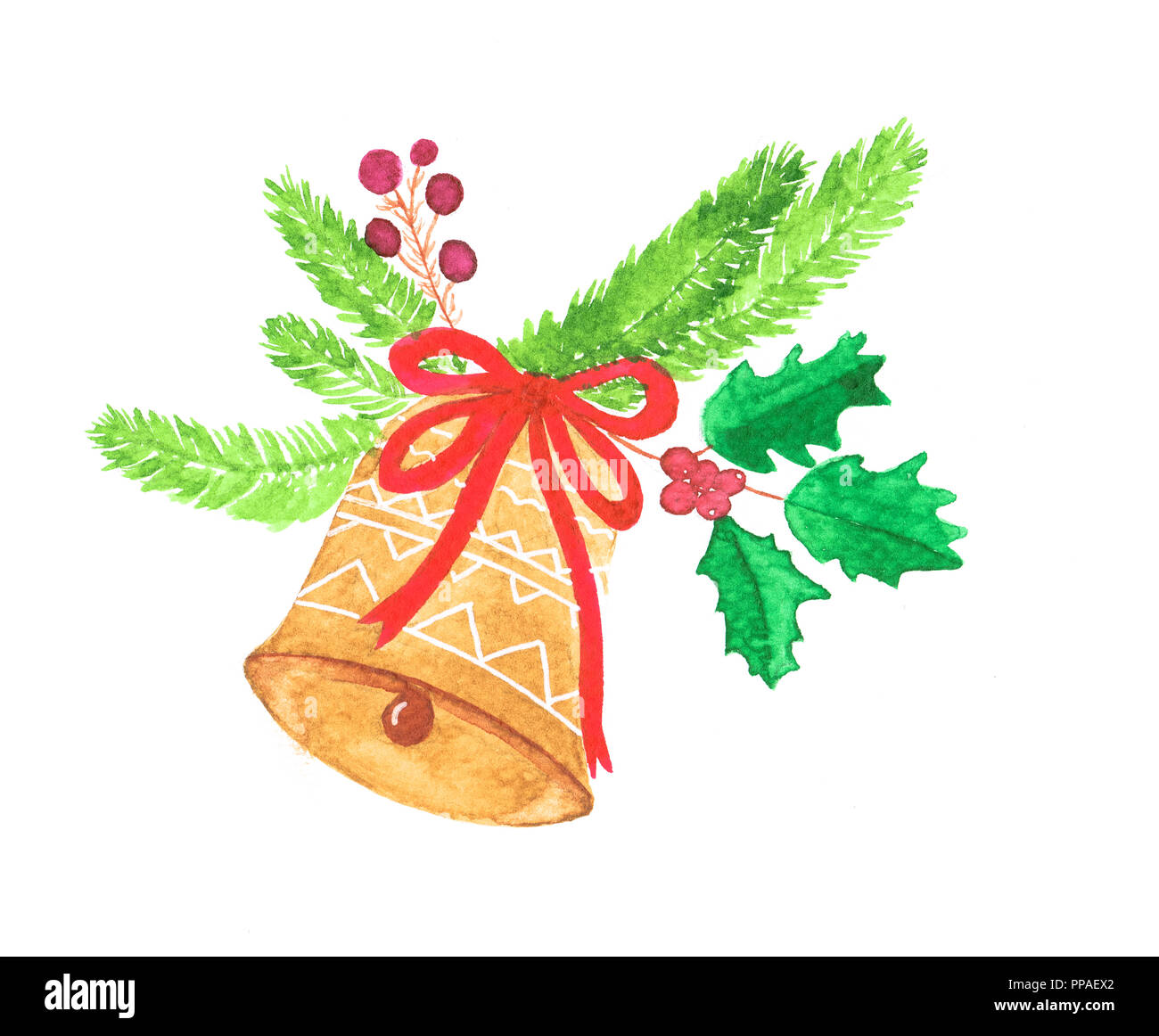 Christmas gold bell with red ribbon and green conifer branches Stock ...