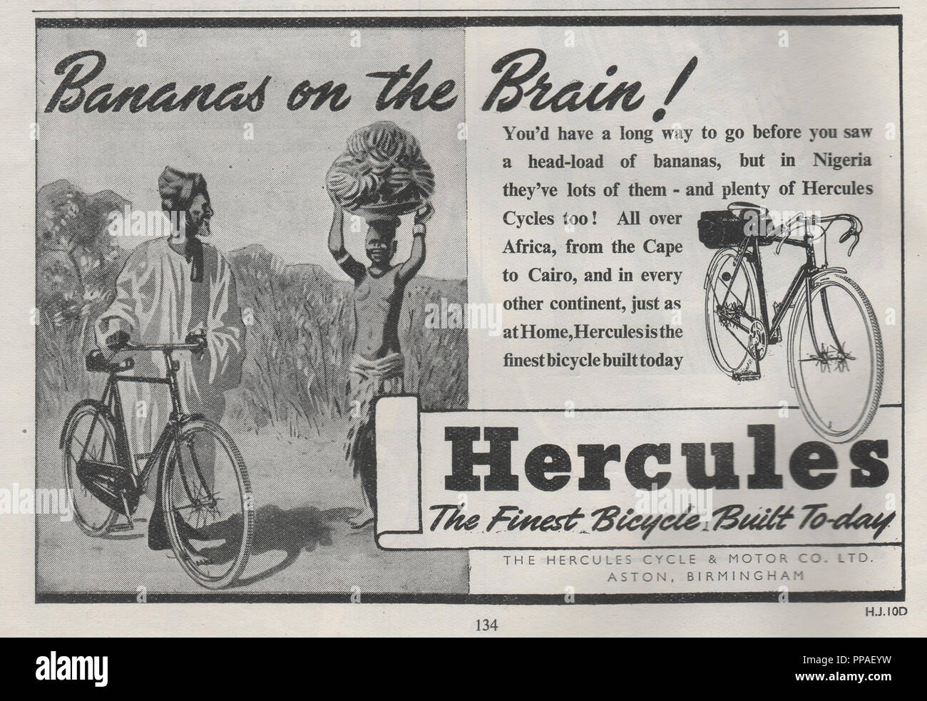 Vintage magazine advert for Hercules Bicycles from dated April 1947. Hercules Cycle and Motor Company Limited was established in 1910 in Aston Birmingham and was eventually dissolved in 2003.  The advert features two African people one with bananas on their head with a strapline 'Bananas on the brain' Stock Photo
