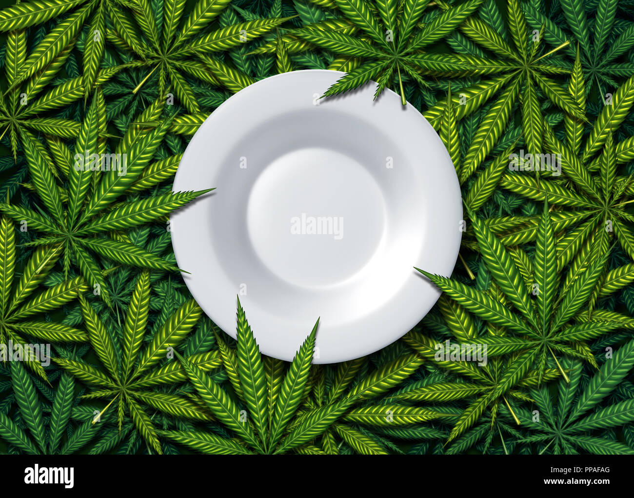 Cannabis food and weed edibles or marijuana edible snack with a dinner plate on leaves representing hemp herbal meal infused with psychoactive. Stock Photo