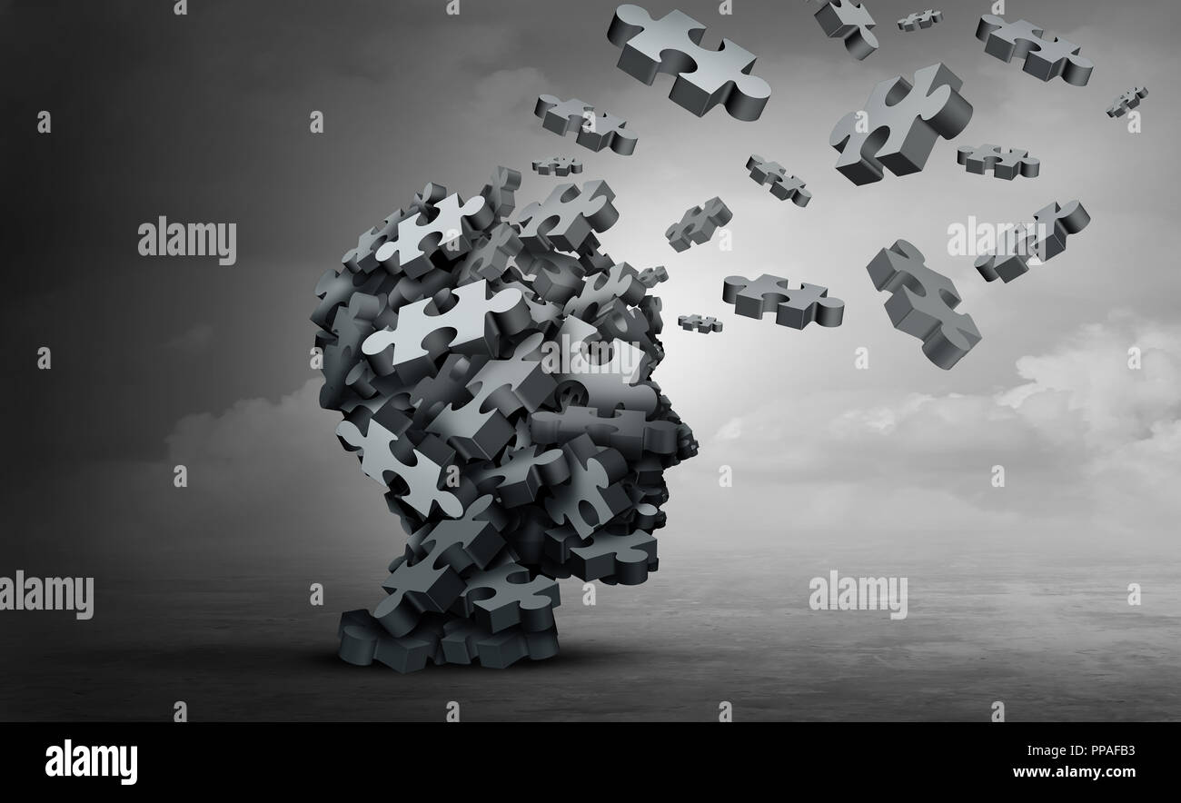 Parkinson disease and parkinson's disorder symptoms as a human head made of crumpled paper with a missing jigsaw puzzle representing. Stock Photo