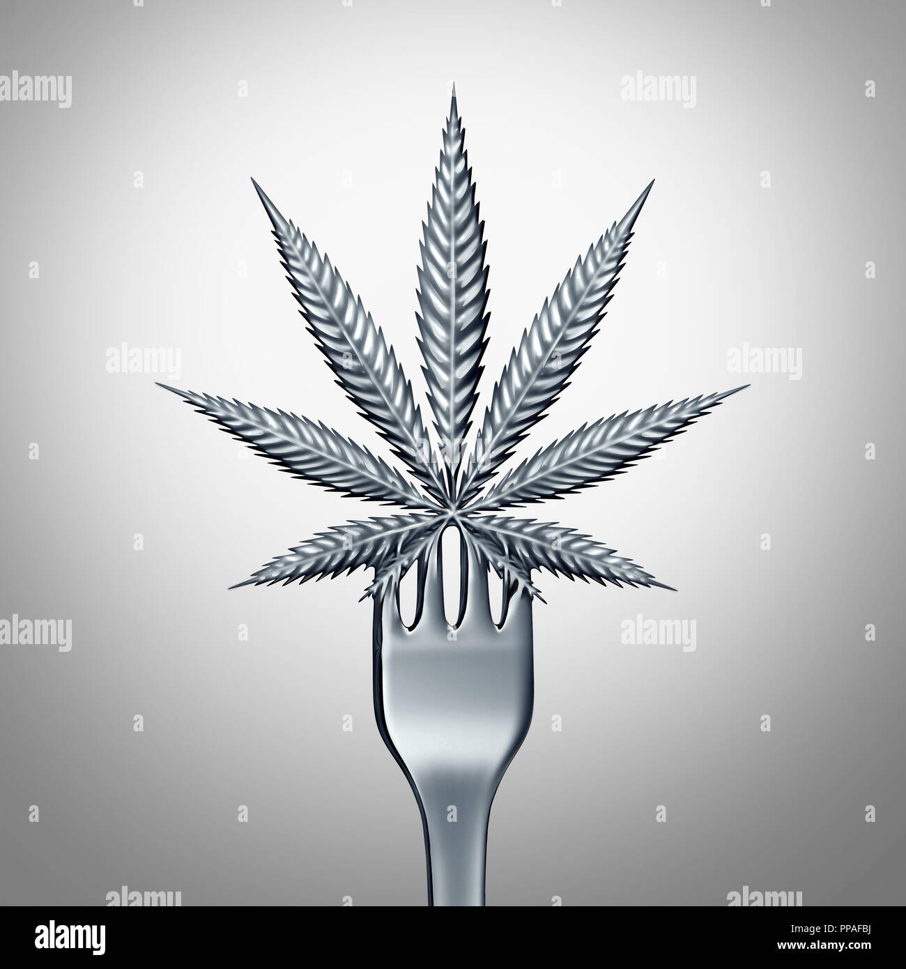Marijuana food and cannabis edibles or edible munchies concept as a dinner fork with a leaf representing hemp herbal food with psychoactive. Stock Photo