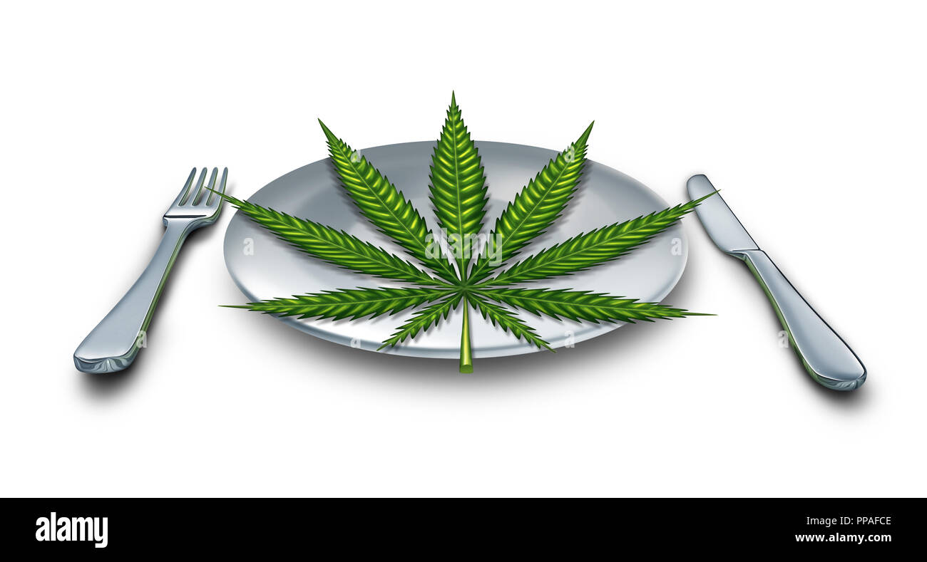 Cannabis edibles or marijuana edible snack on a dinner plate with a leaf representing hemp herbal food infused with psychoactive medicinal. Stock Photo