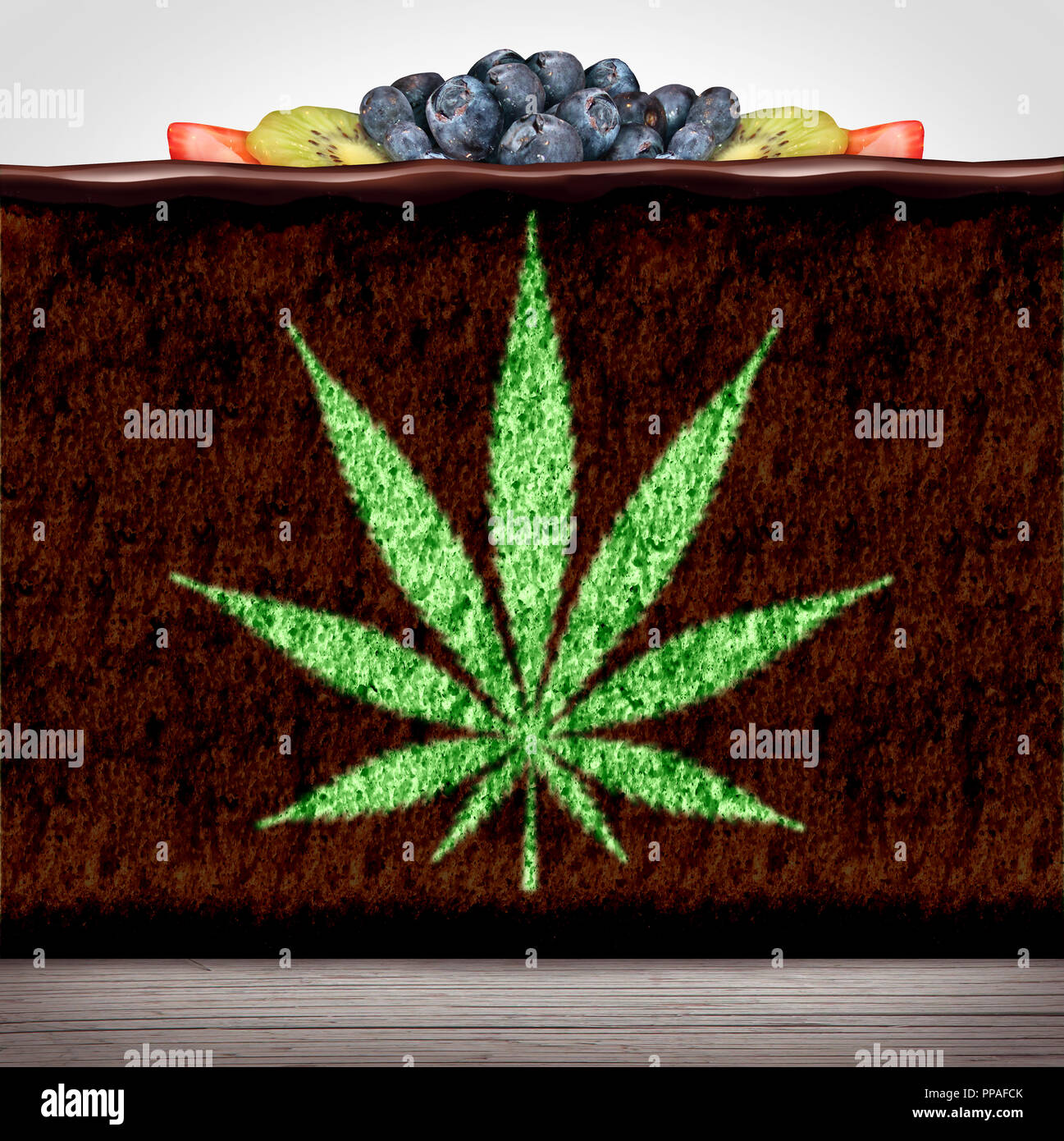Cannabis edibles or marijuana edible brownie or cake snack with a leaf representing hemp baked good ,herbalfood infused with psychoactive medicinal. Stock Photo