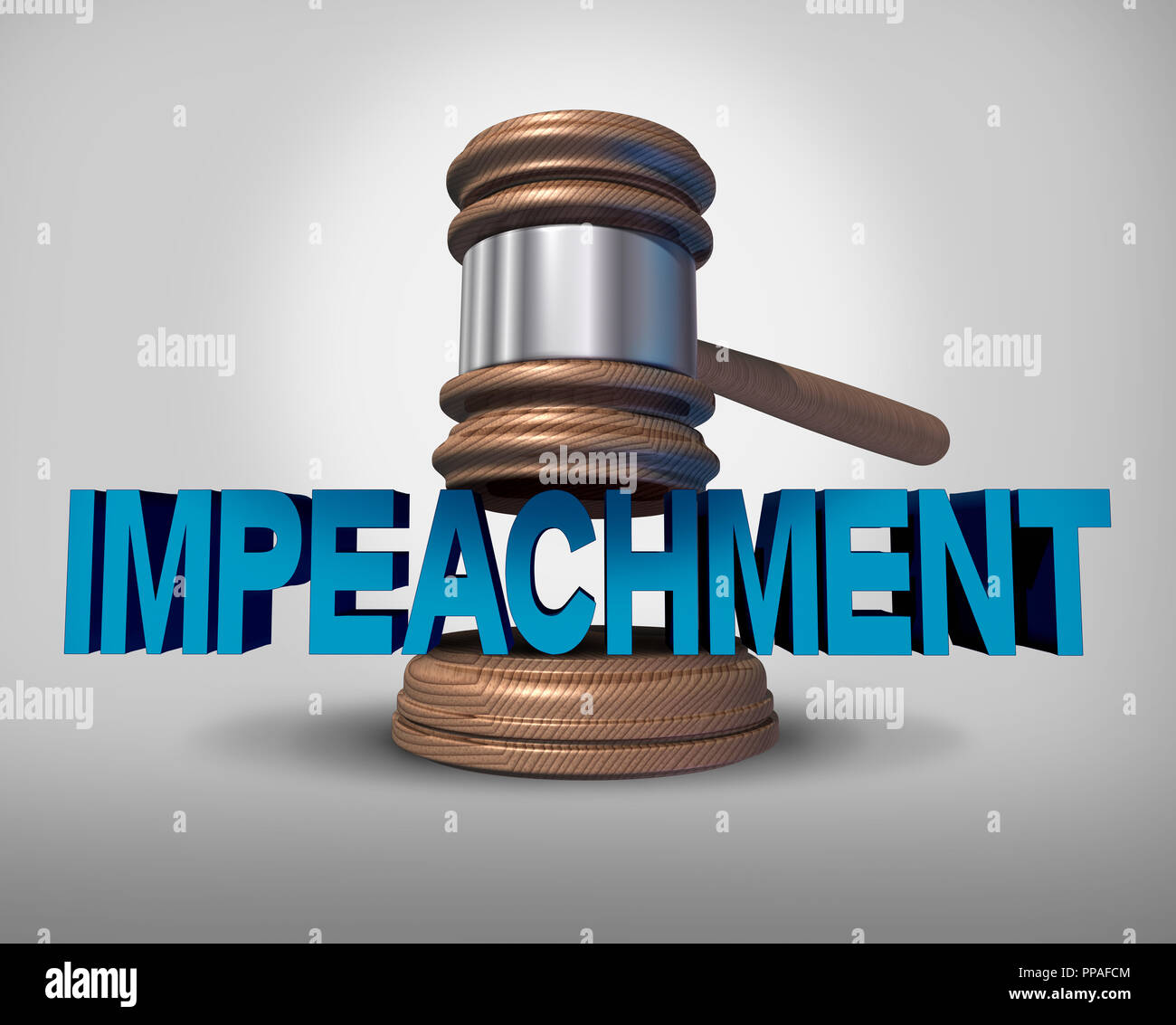 Impeachment law concept as a legal impeach metaphor for political injustice in society as a judge gavel coming down on an impeachable offence. Stock Photo