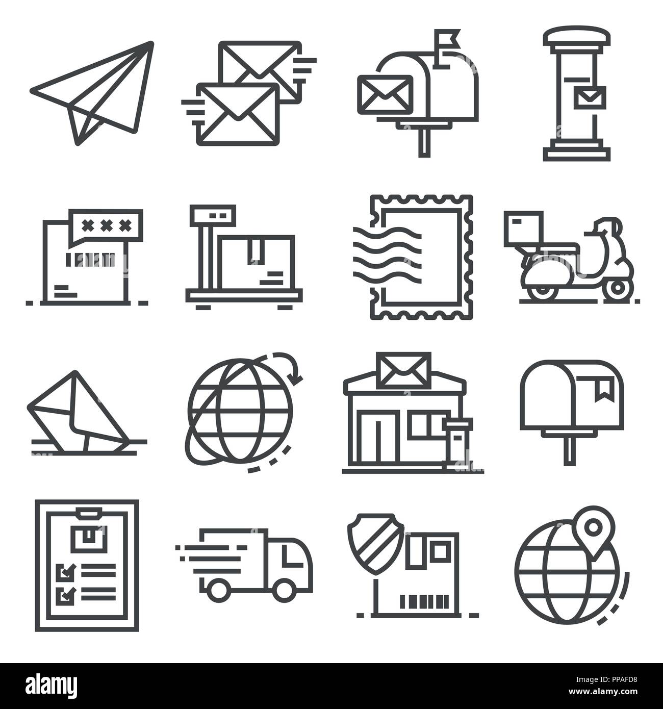 Vector line post service icons set. Postal stamp, scale, express
