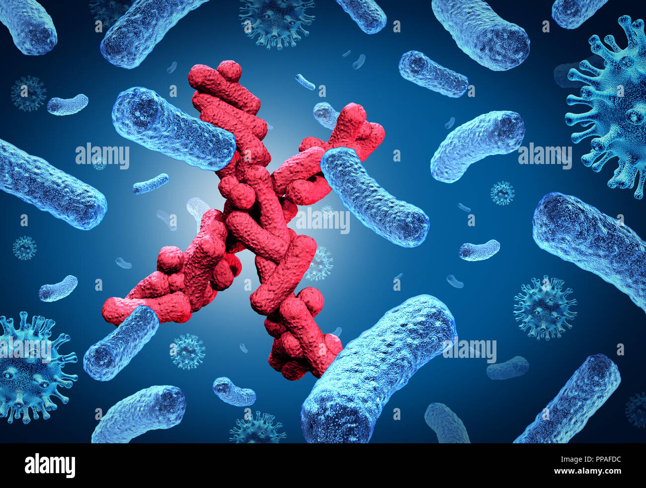 Disease X medical concept for dangerous unknown new microscopic pathogen as a pandemic risk as a 3D render. Stock Photo