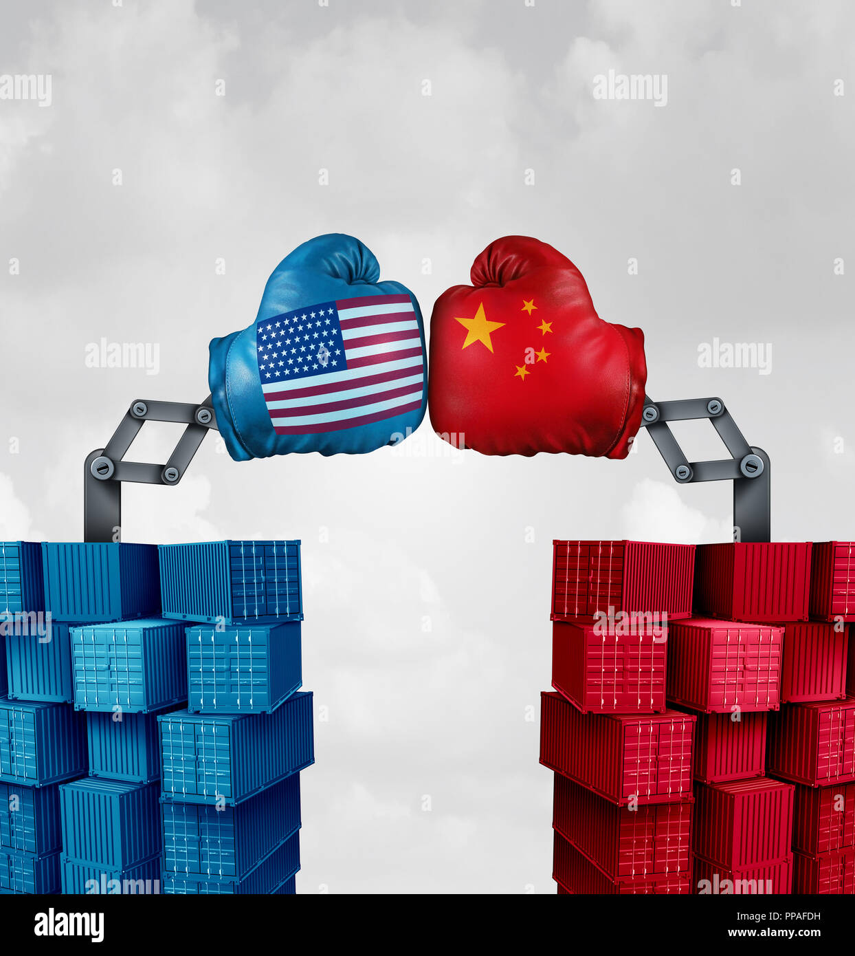 Trade war US China or American tariffs fight as two opposing cargo groups fighting as an economic  punitive taxation dispute over import and exports. Stock Photo