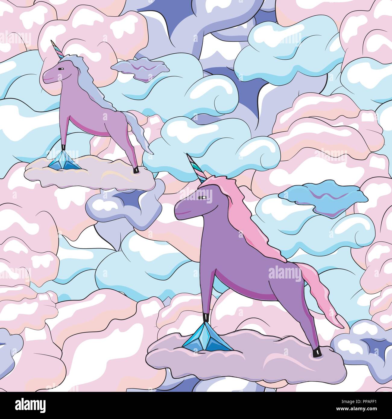 Seamless pattern with cute unicorns on a clouds. Vector illustration Stock Vector
