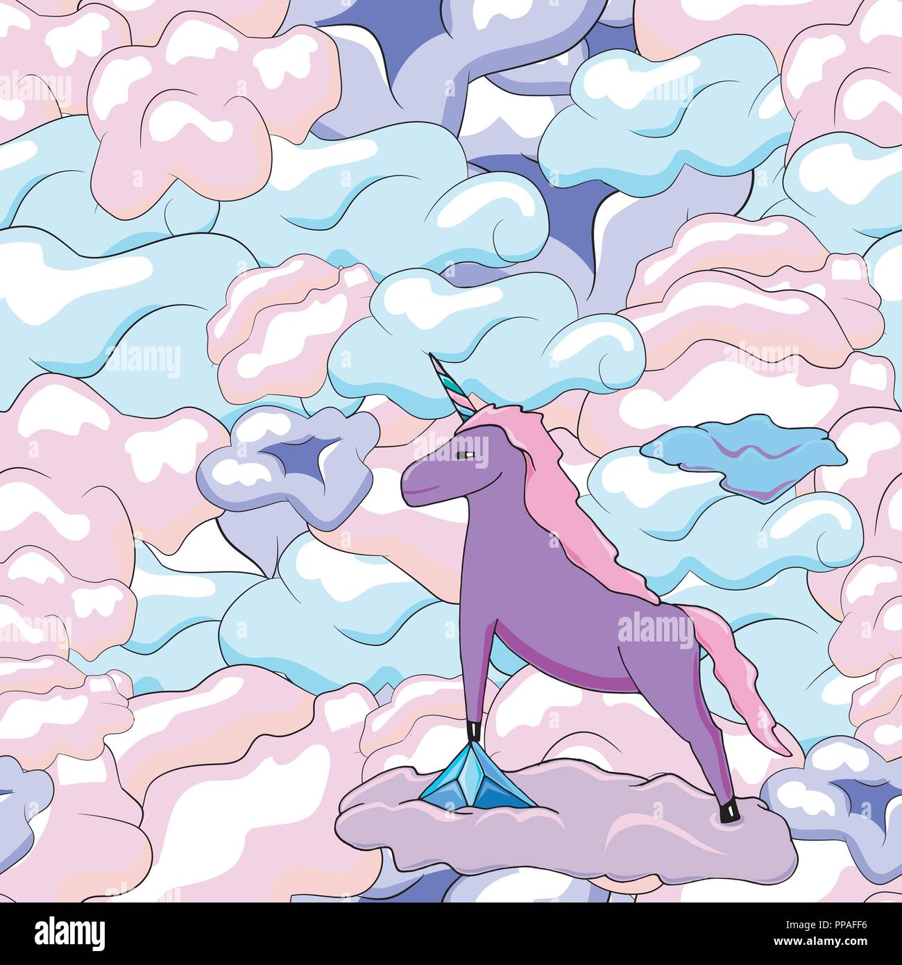 Seamless pattern with cute unicorns on a clouds. Vector illustration Stock Vector
