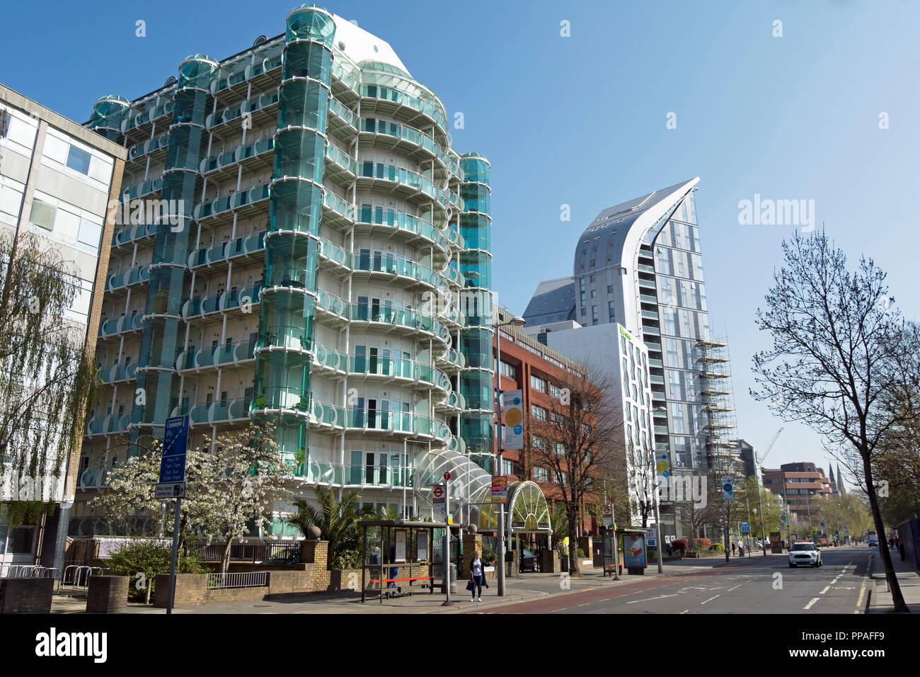apartment blocks and offices on uxbridge road, ealing, london, england Stock Photo