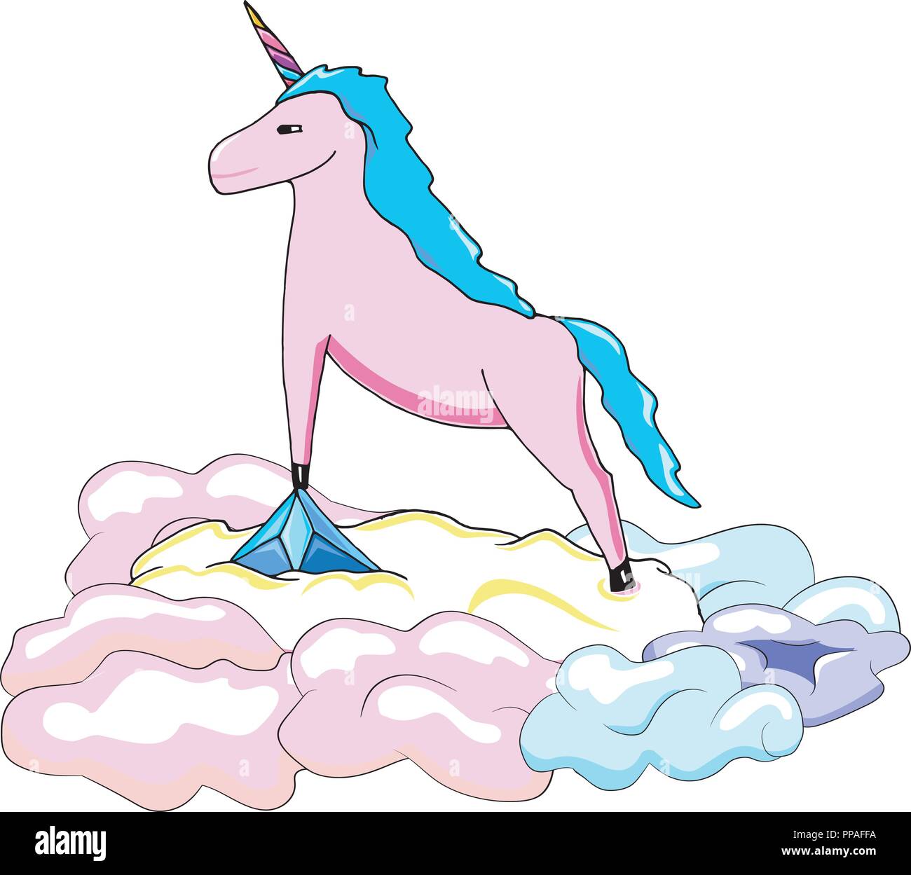 Magic cute unicorn on a clouds. Vector illustration Stock Vector