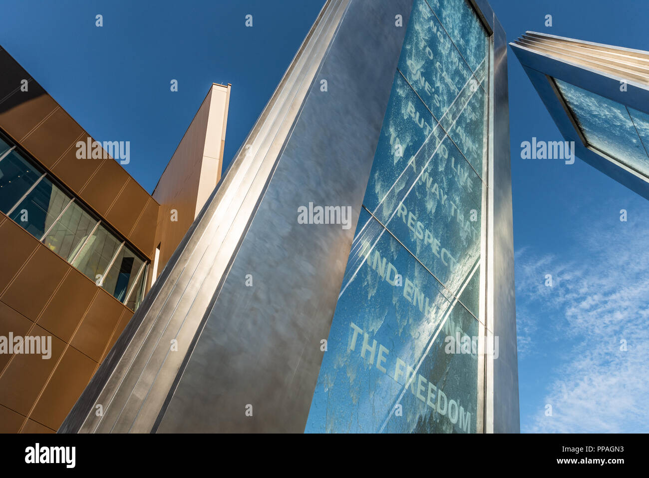 Glass water sculpture with Nelson Mandela etched quote at the National
