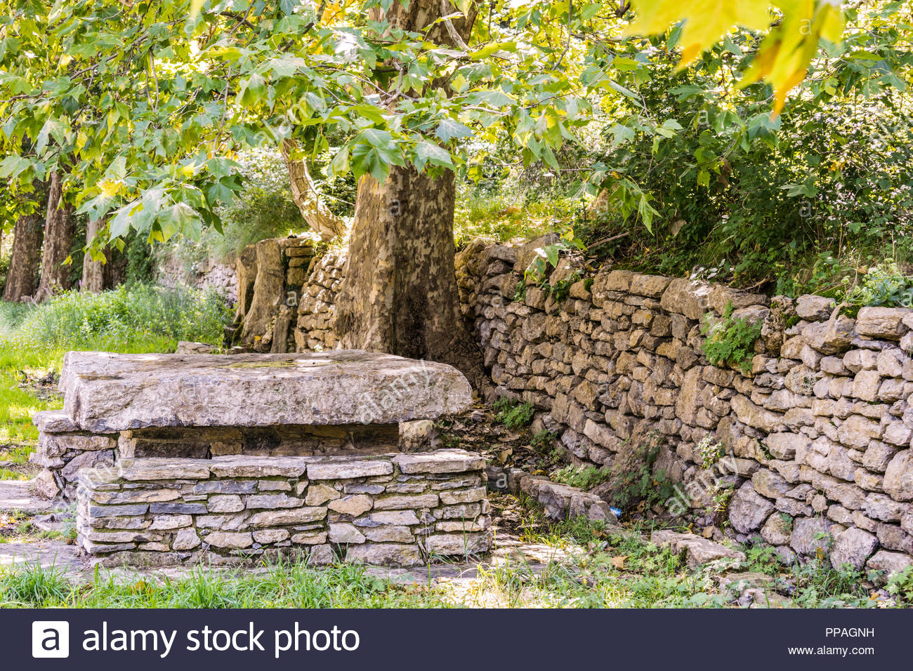 Stone Table And Bench In An Old Country Garden Stock Photo