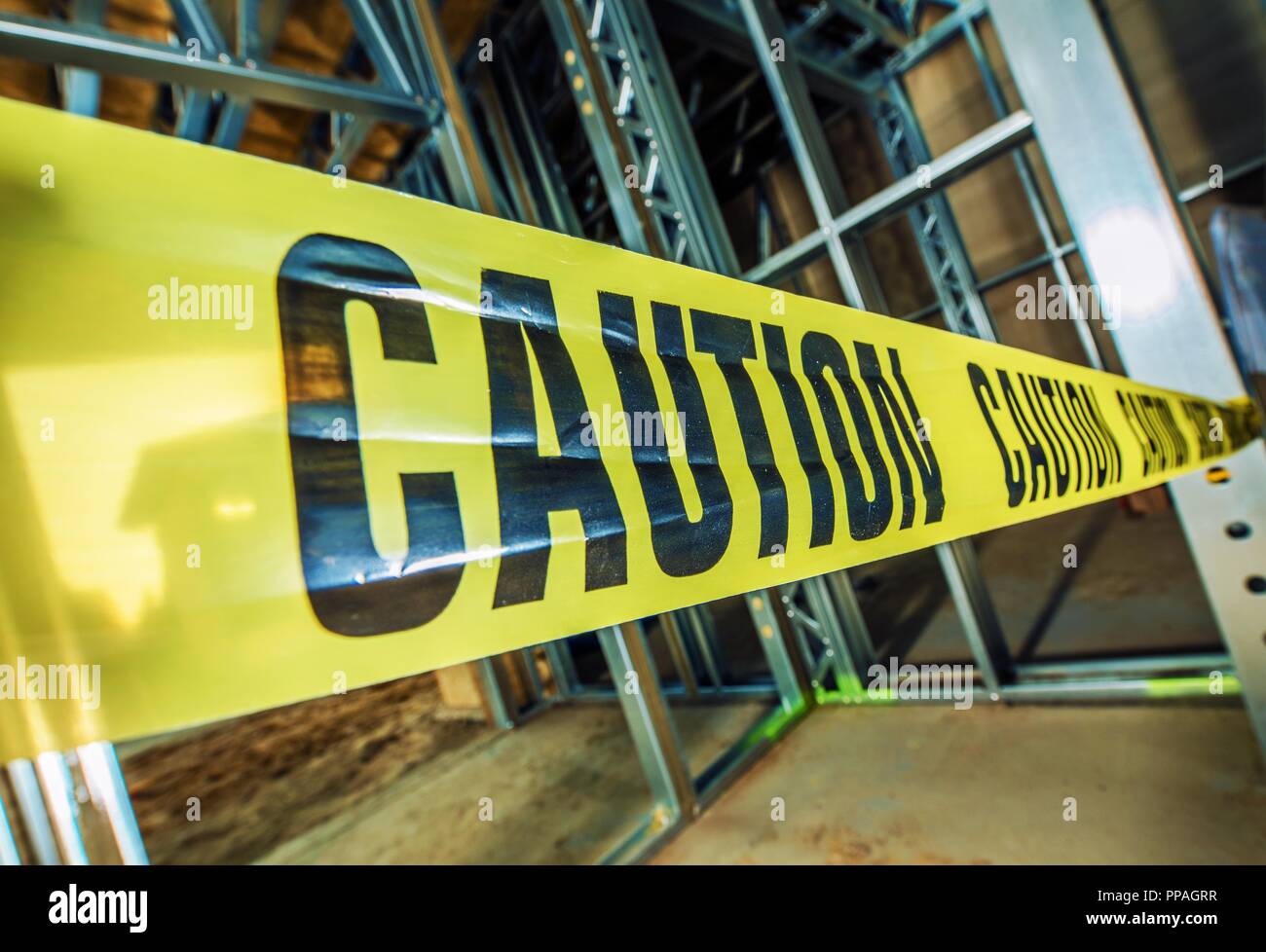 Yellow Caution Tape Closed Construction Zone. Dangerous Area Within