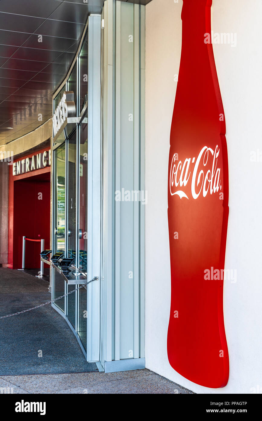 Iconic Coca-Cola bottle graphic at the entrance to World of Coca-Cola in downtown Atlanta, Georgia. (USA) Stock Photo