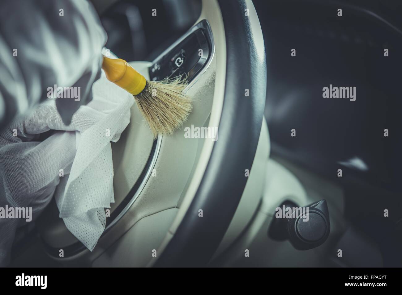 Detailed Car Steering Wheel Cleaning. Professional Vehicle Cleaning