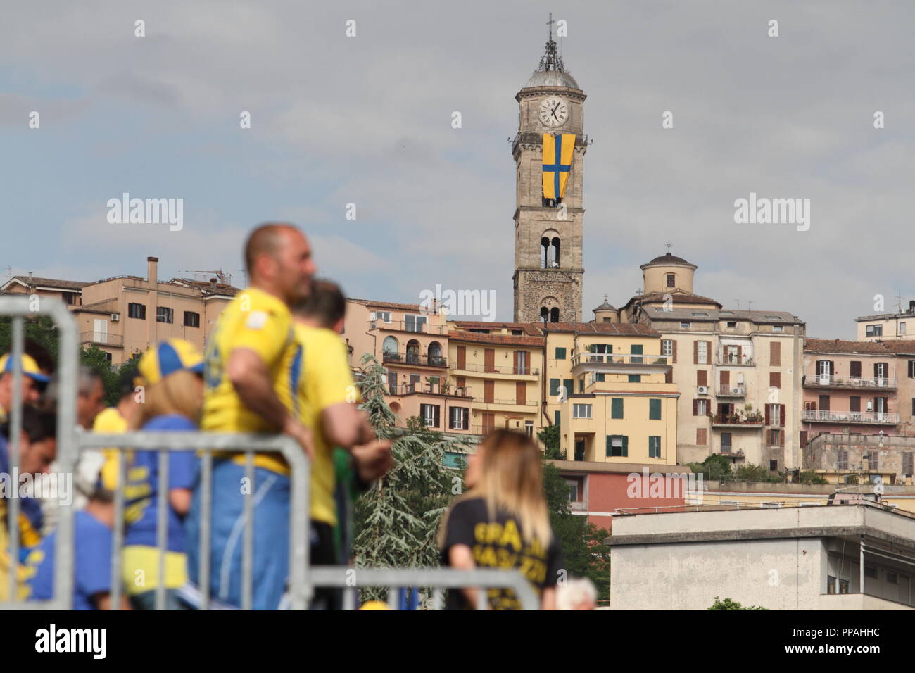 Frosinone / Italy - May 16, 2015: Canary fans at the stadium in the match that will promote the team in Serie A Stock Photo