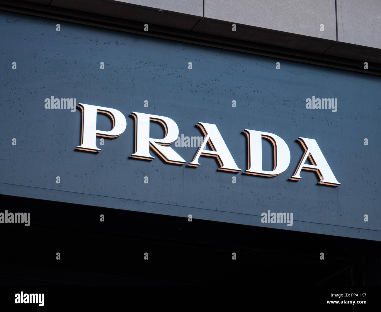 Prada Logo, on Illum Store, Copenhagen, Zealand, Denmark, Europe Stock  Photo - Alamy