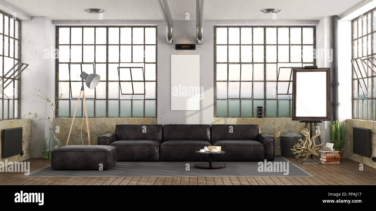 Large living room with black leather sofa - 3d rendering Stock Photo ...