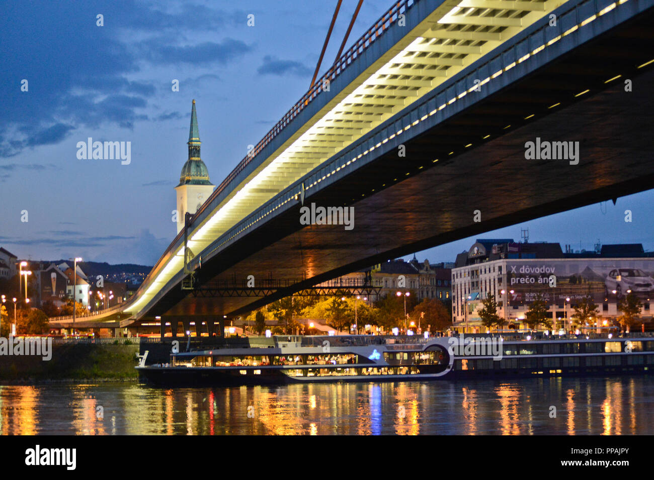 Most SNP (Bridge of the Slovak National Uprising) over the Danube River, Bratislava, Slovakia Stock Photo