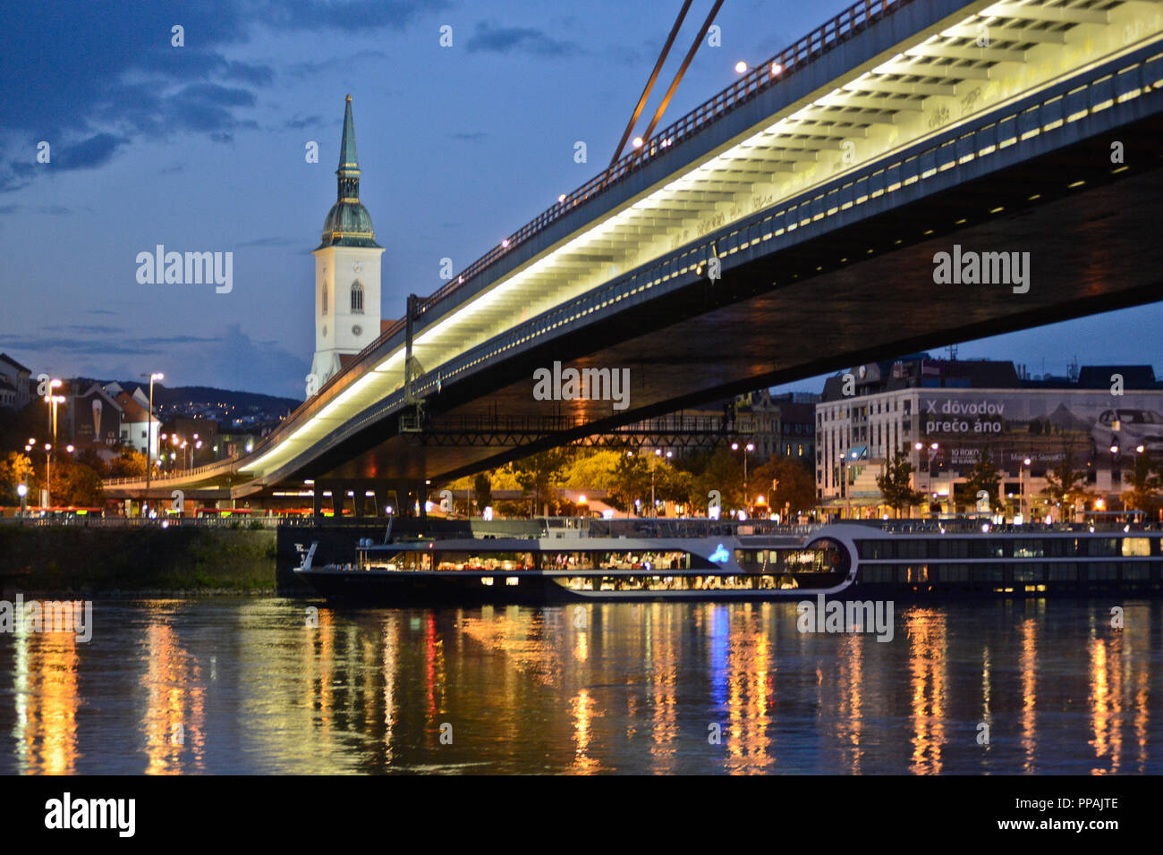 Most SNP (Bridge of the Slovak National Uprising) over the Danube River, Bratislava, Slovakia Stock Photo