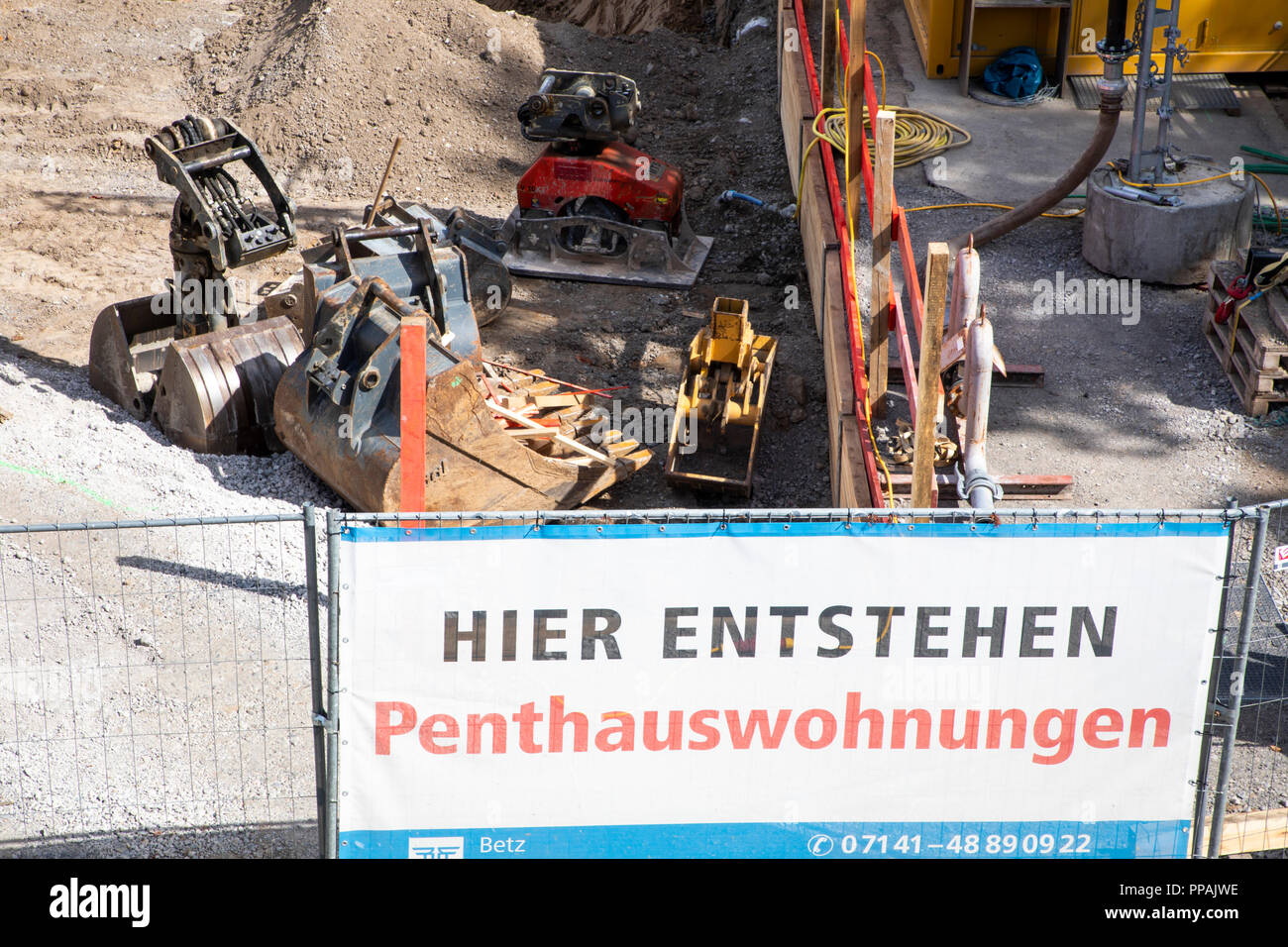 Construction site for a new residential building with condominiums and penthouse apartments, am Neckar, Heilbronn, Baden-Wurttemberg, Germany Stock Photo