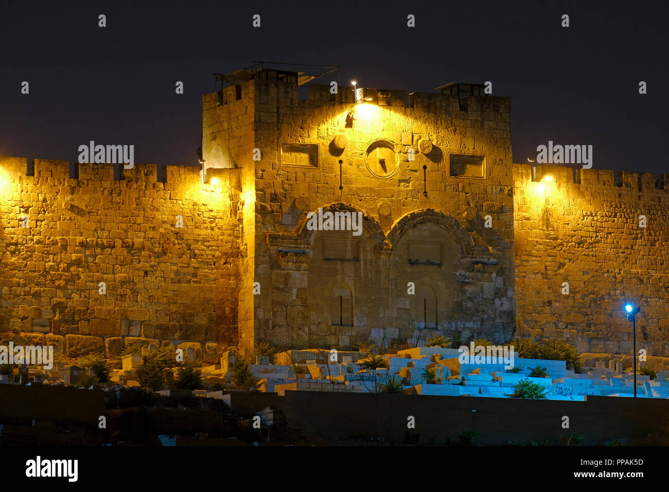 View at night of the sealed arched Golden Gate also Mercy Gate or Bab ...