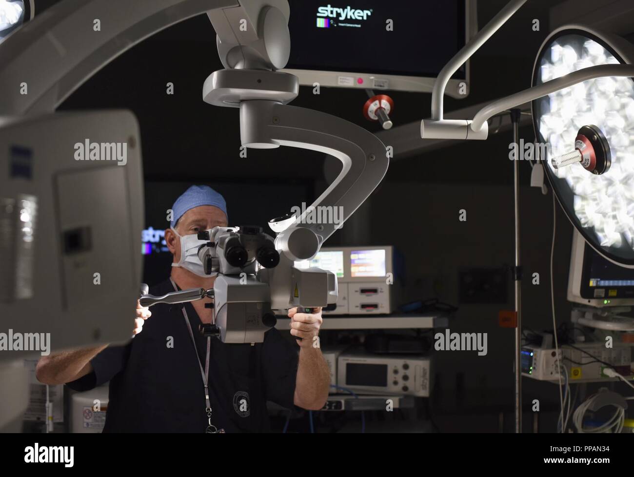 Col. (Dr.) Edward Anderson, 99th Medical Group orthopedic spine surgeon, tests medical gear at Nellis Air Force Base, Nevada, Aug. 23, 2018. Anderson has nearly two decades of surgical experience. Stock Photo