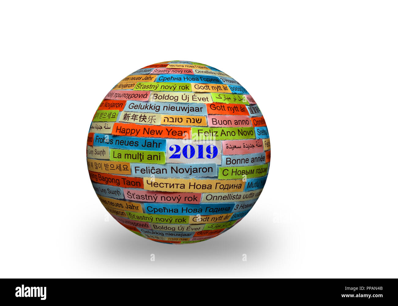 Happy New Year 2019 Word Cloud printed on colorful paper on 3d ball  different languages Stock Photo