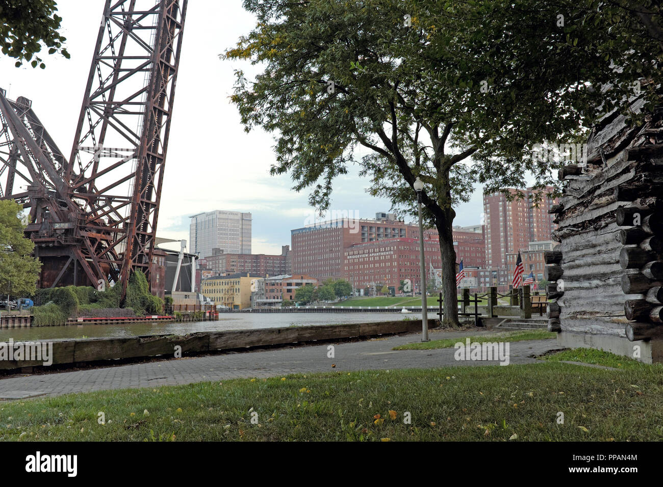 Heritage Park in Cleveland, Ohio on the banks of the Cuyahoga River in the Flats District offers entertainment, riverside living, and greenspace. Stock Photo