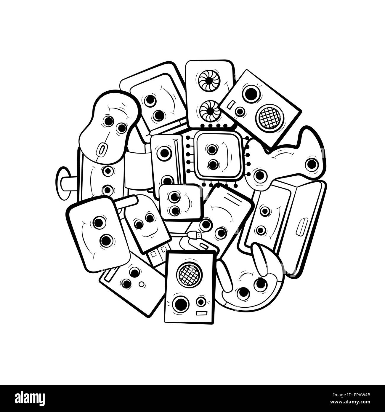 Computer design vector illustration. Coloring book. The cute characters. PC equipment. Stock Vector