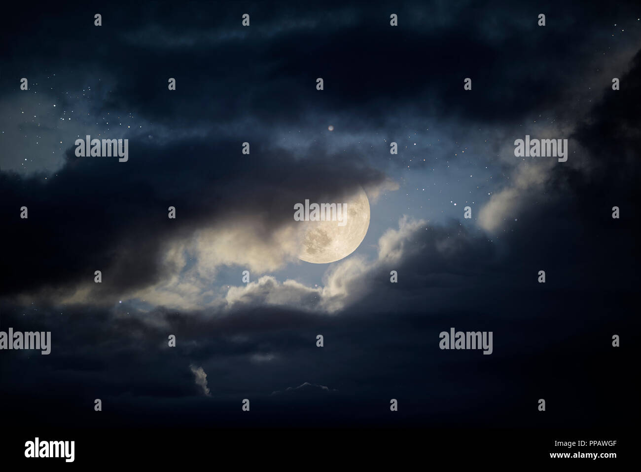 Cloudy full moon night sky with stars Stock Photo - Alamy