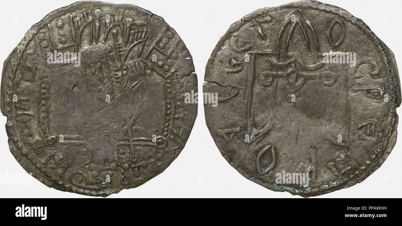 Coin (Srebrennik) of Grand Duke Vladimir Svyatoslavich (Reverse: Symbol of Rurikids). Museum: PRIVATE COLLECTION. Author: Numismatic, Russian coins. Stock Photo