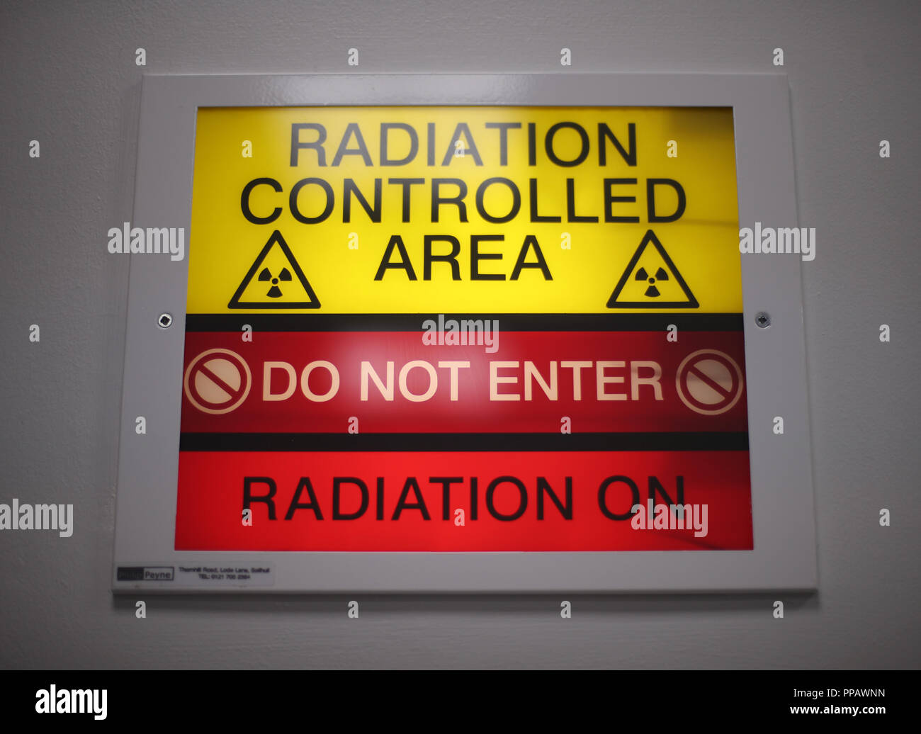 Embargoed to 1700 Monday September 24 A radiation warning sign during the treatment of patient Barry Dolling, aged 65, from Selsdon, Surrey, who was diagnosed with prostate cancer in April 2018, and became the first patient in the UK to receive a pioneering new form of radiotherapy - using a Magnetic Resonance Linear Accelerator (MR Linac) machine - at the Royal Marsden Hospital in Sutton Surrey. Stock Photo