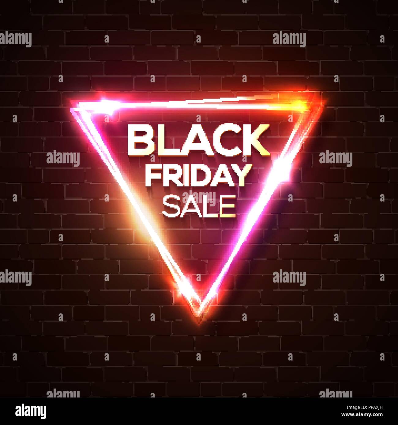 Black friday sale in neon triangle background. Geometric shape glowing tag. Modern shopping sign on brick background. Electric vector illustration. Stock Vector