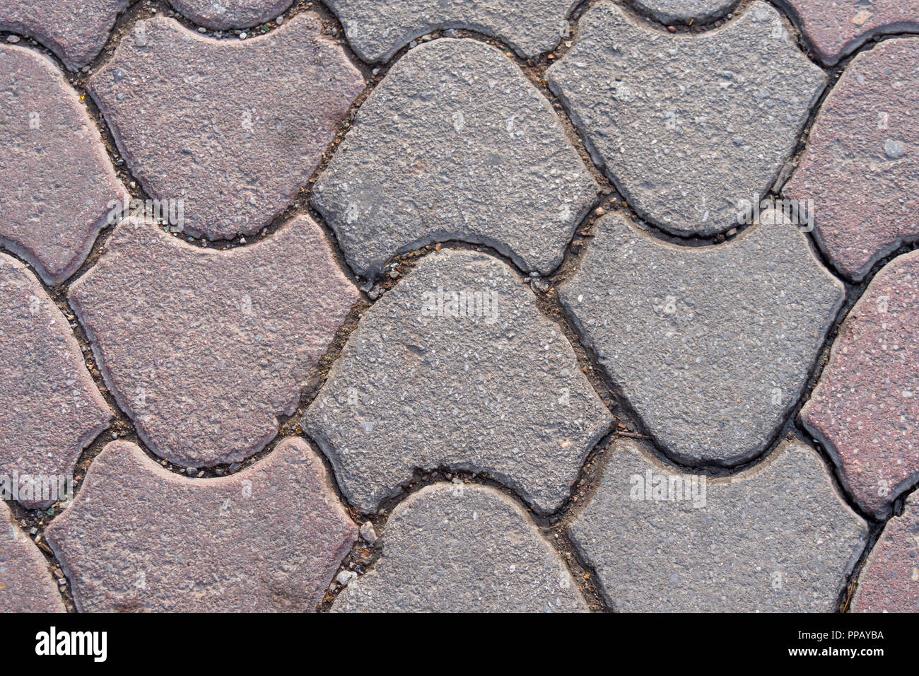 pink and gray cement block on sidewalk, street paving slab, background and texture, fixed tessellated sidewalk tile. Stock Photo