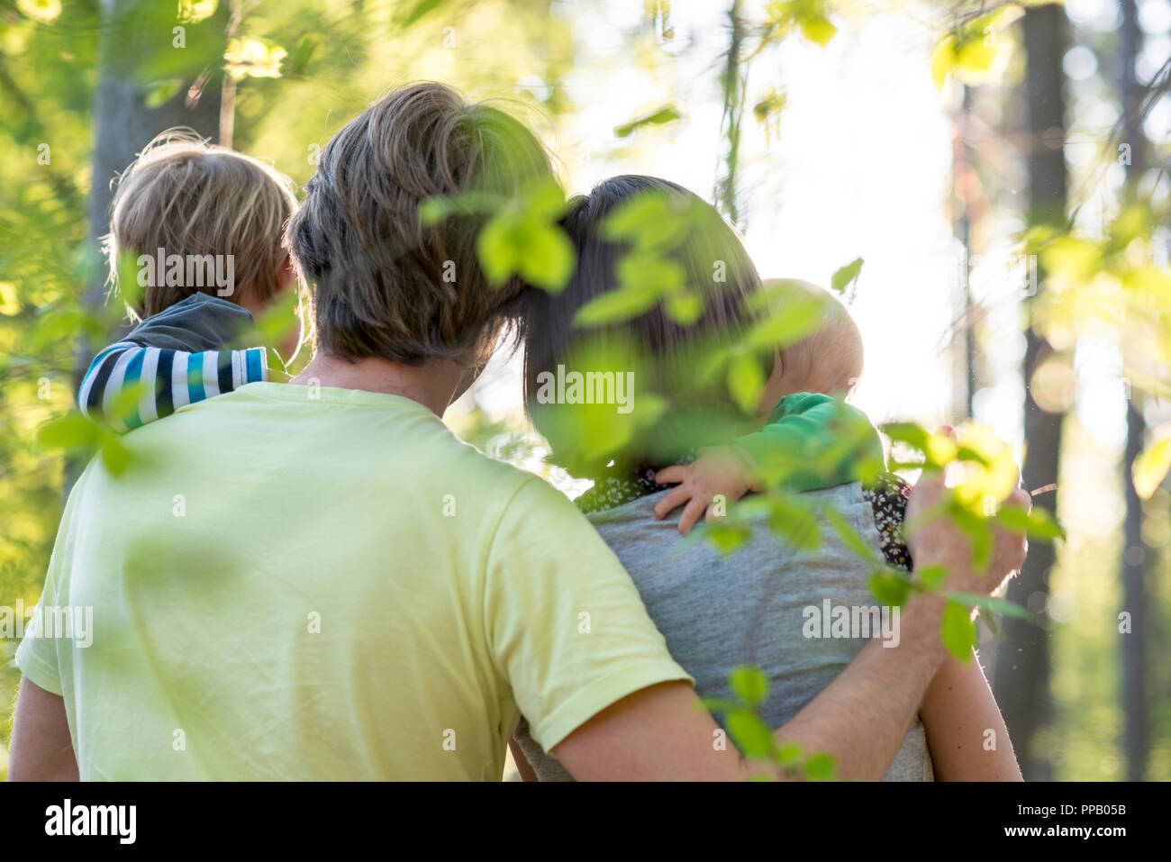 Young family enjoying a beautiful sunny day outdoors in a green forest, each of the parents carrying one child in their arms. Stock Photo