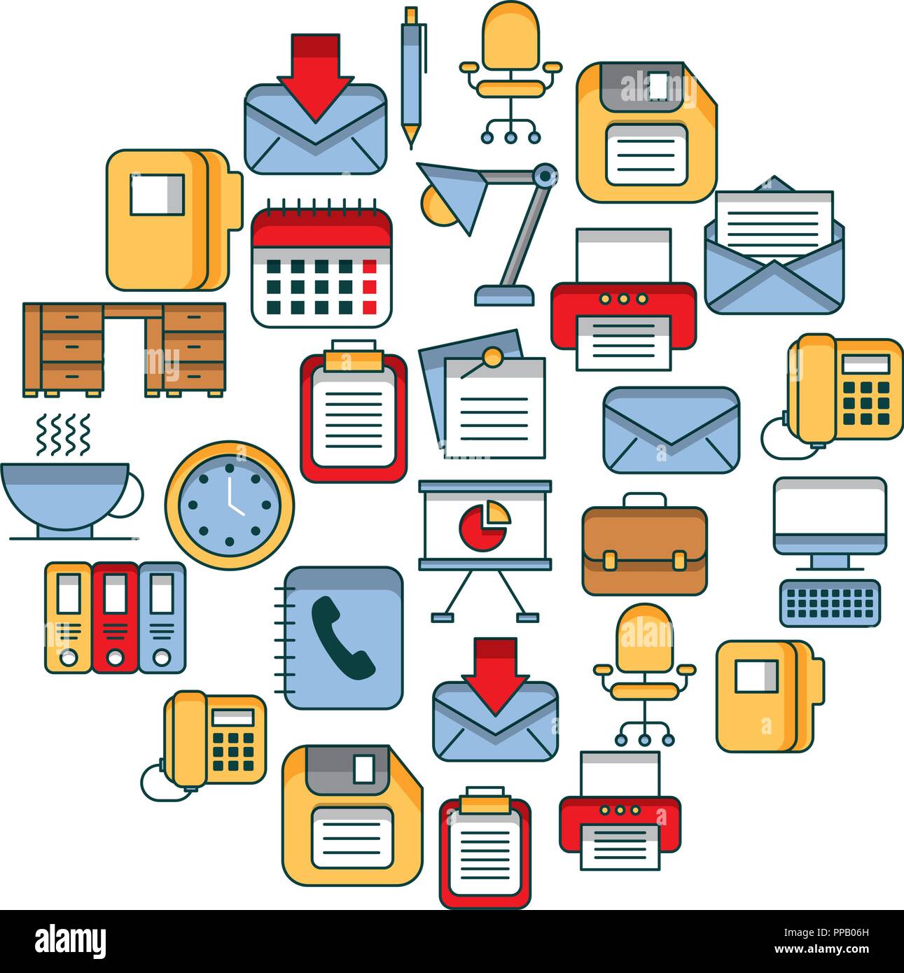 business office supplies equipment applications vector illustration