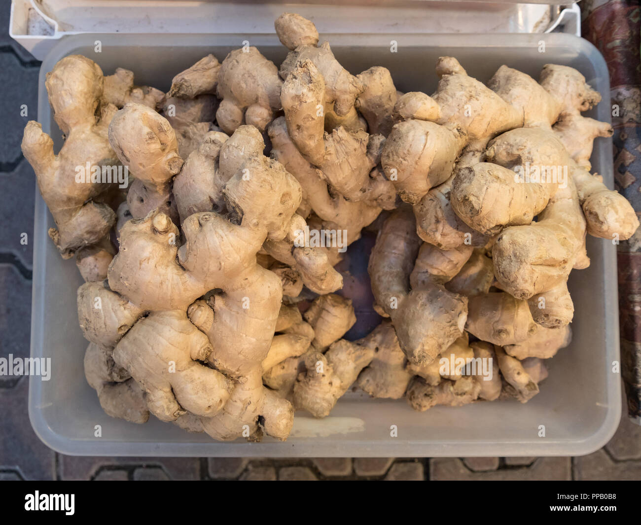 A lot of Ginger Root in basket Stock Photo