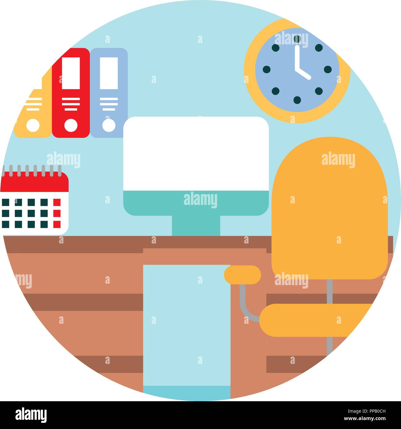 workspace desk chair computer clock calendar binders vector ...