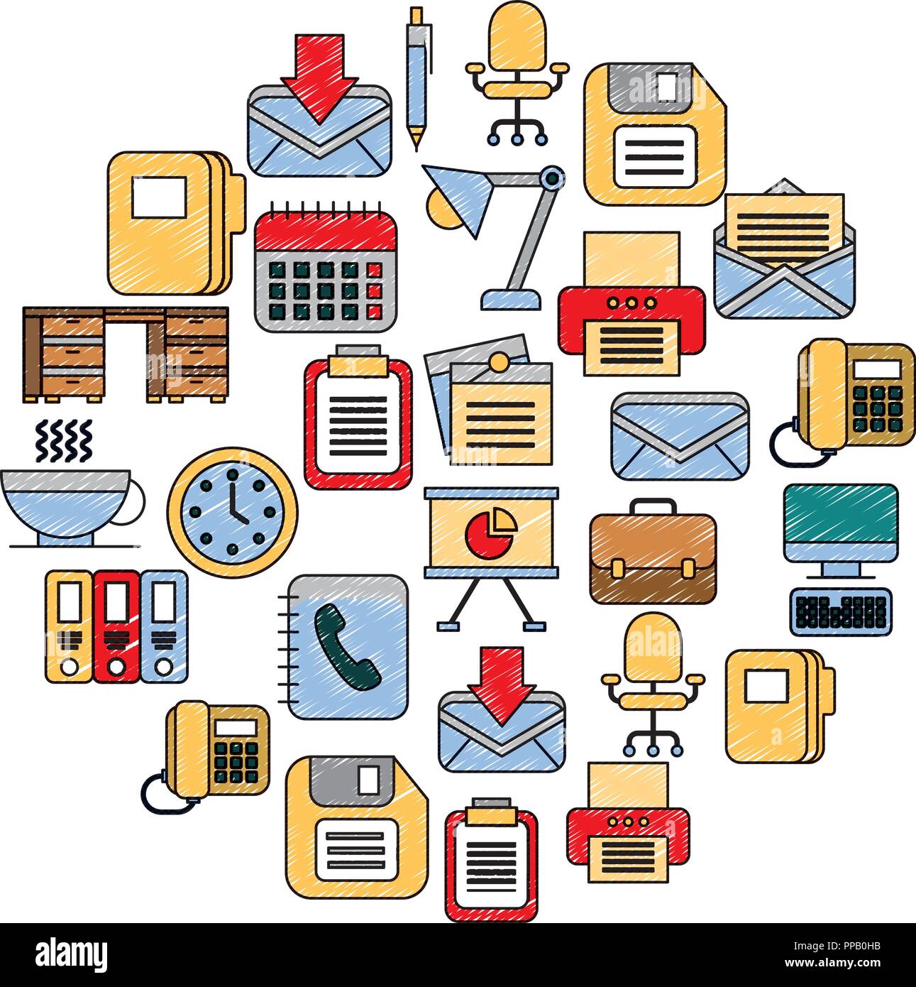 business office supplies equipment applications vector illustration