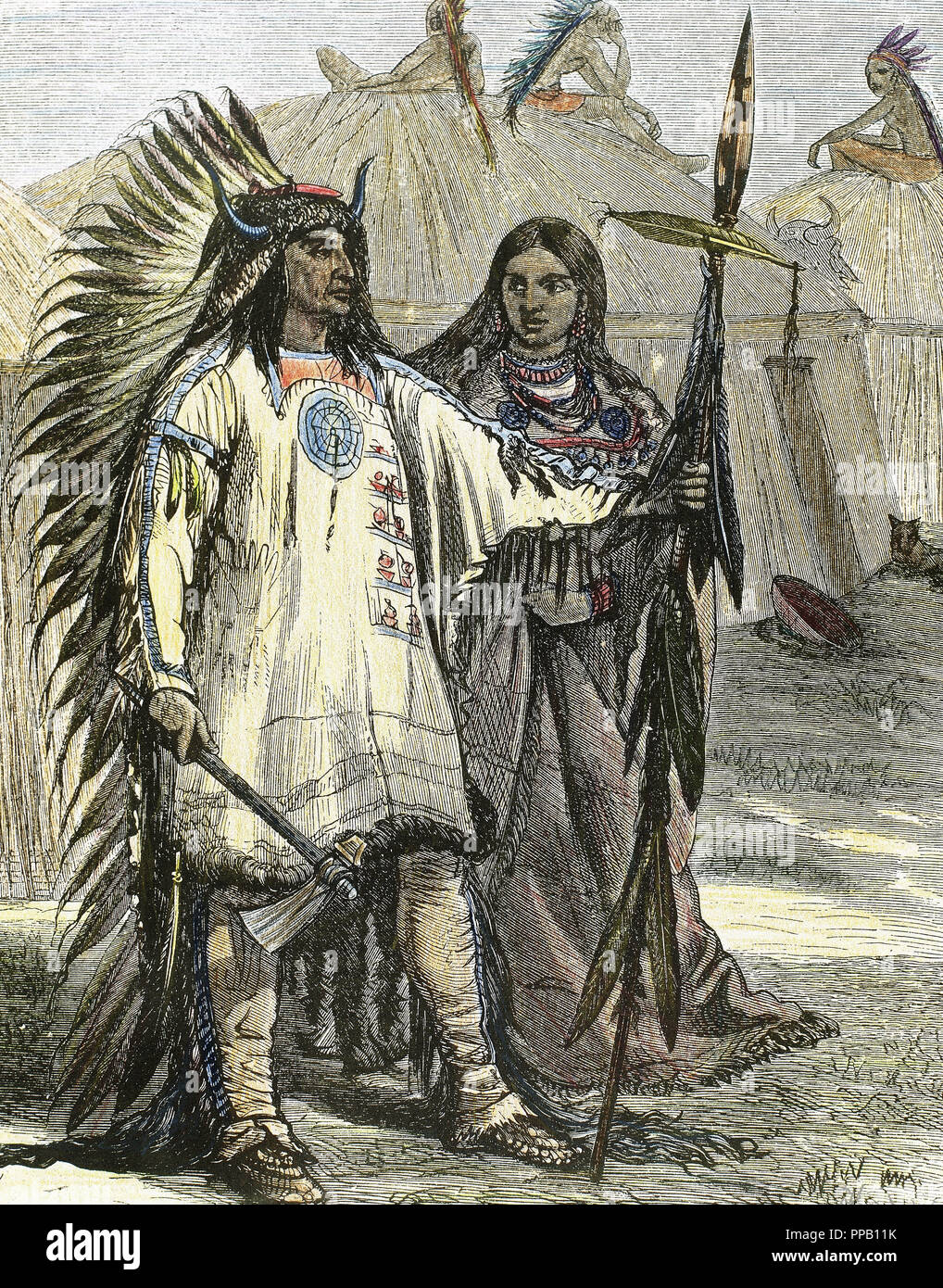 INDIOS DE AMERICA DEL NORTE. Grabado coloreado, año 1880. Stock Photo