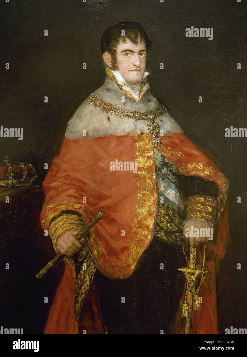 FERNANDO VII (El Escorial, 1784-Madrid, 1833). Rey de España (1808-1833). Juró la Constitución de 1812 pero enseguida pidió ayuda internacional para derrocar el régimen liberal y volver a instaurar (1823) el absolutismo. Oleo de Francisco de GOYA (1746-1828) (detalle). Museo de Bellas Artes. Zaragoza. Aragón. España. Stock Photo