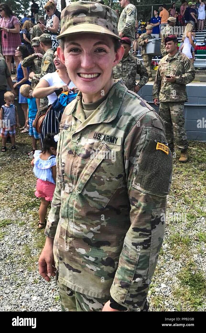 VICENZA, Italy -- 1st Lt. Anna Hodge proudly displays her Ranger tab on graduation day. She becomes the 15th female throughout the Armed Services to graduate from Ranger School, and the first Ranger qualified female Sky Soldier for the 173rd Airborne Brigade. Stock Photo