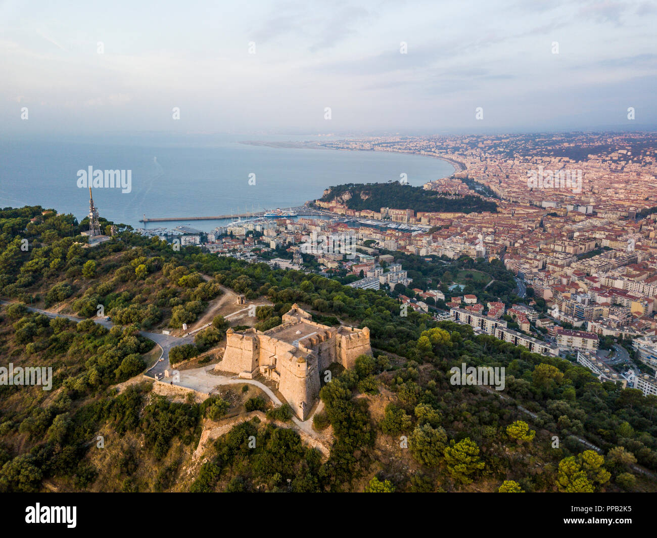 Aerial view of Fort du Mont Alban and the city of Nice at sunrise Stock Photo